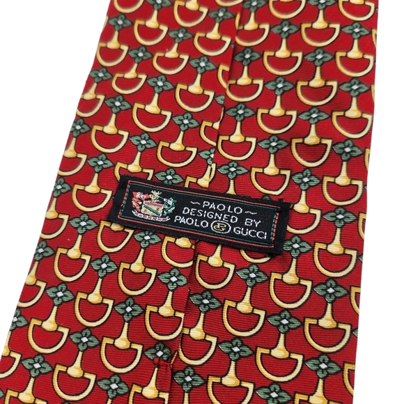 Paolo Designed Paolo Gucci 100% Silk Men's Necktie Red Gold Green Evening - Picture 6 of 8